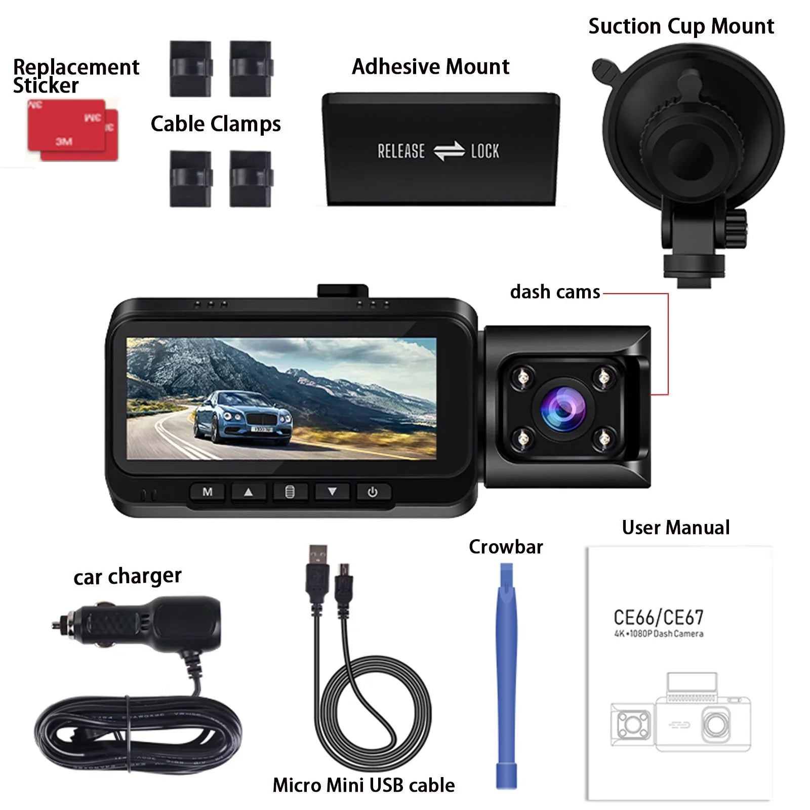 TOGUARD Front and Inside Dual Dash Camera 4K Car Dash Cam with GPSize 3.16" Display, 170° Wide Angle, IR Night Vision, Sizeupport 256GB Max, Black