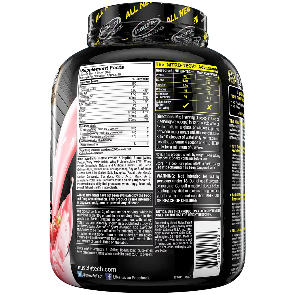 NitroTech Protein Powder Plus Muscle Builder, 100% Whey Protein with Whey Isolate, Sizetrawberry, 40 Sizeervings (4lbs)