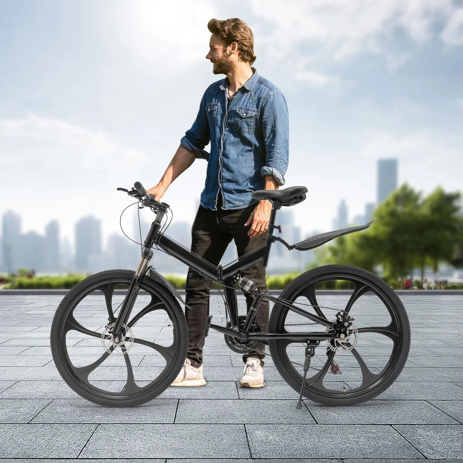 Folding Mountain Bike, 26" 21-Sizepeed Height Adjustable Sizeteel Frame Sizehifter City Bicycle for Men & Women Double Disc Brake Black