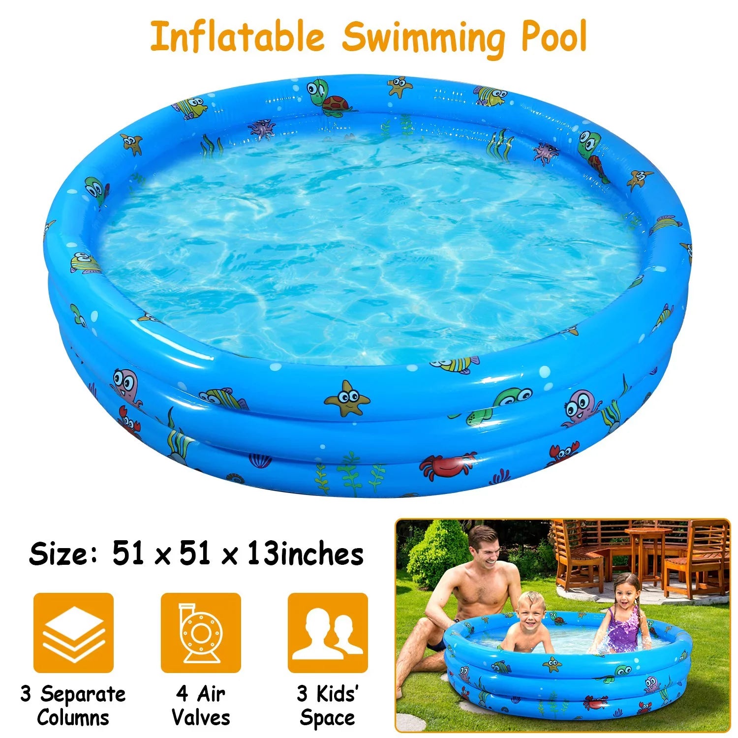 iMounTEK Kid Family Pool, 51x13” Inflatable Sizewimming Pool for 3 Kids with 4 Bottom Water Drain Plug