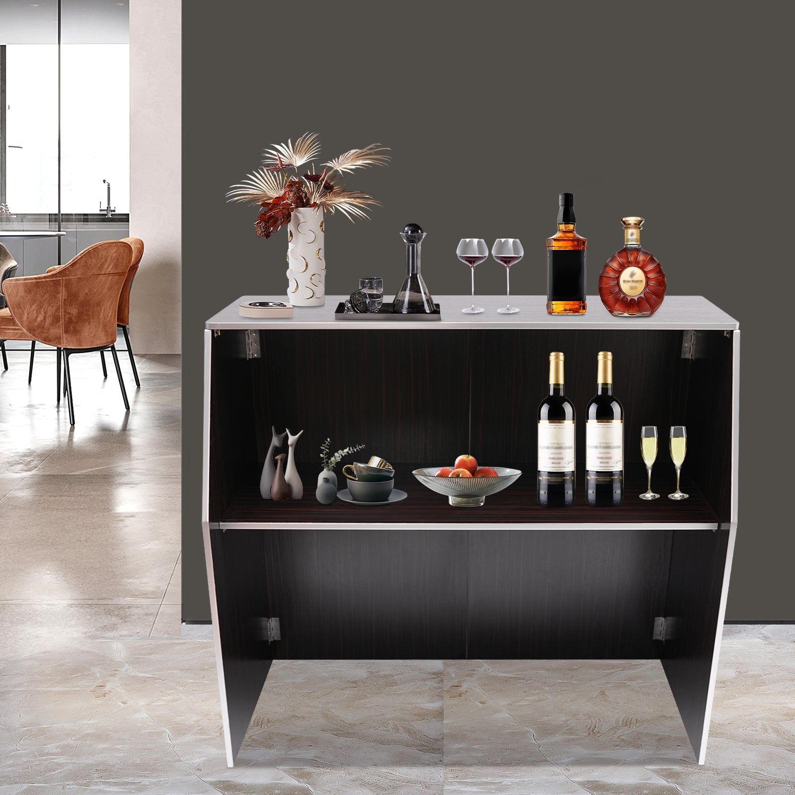 TOOL1SizeHOoo Portable Foldable Event bar Cabinet 19.5x47.75x42.75in Black Brown with Aluminum Edging