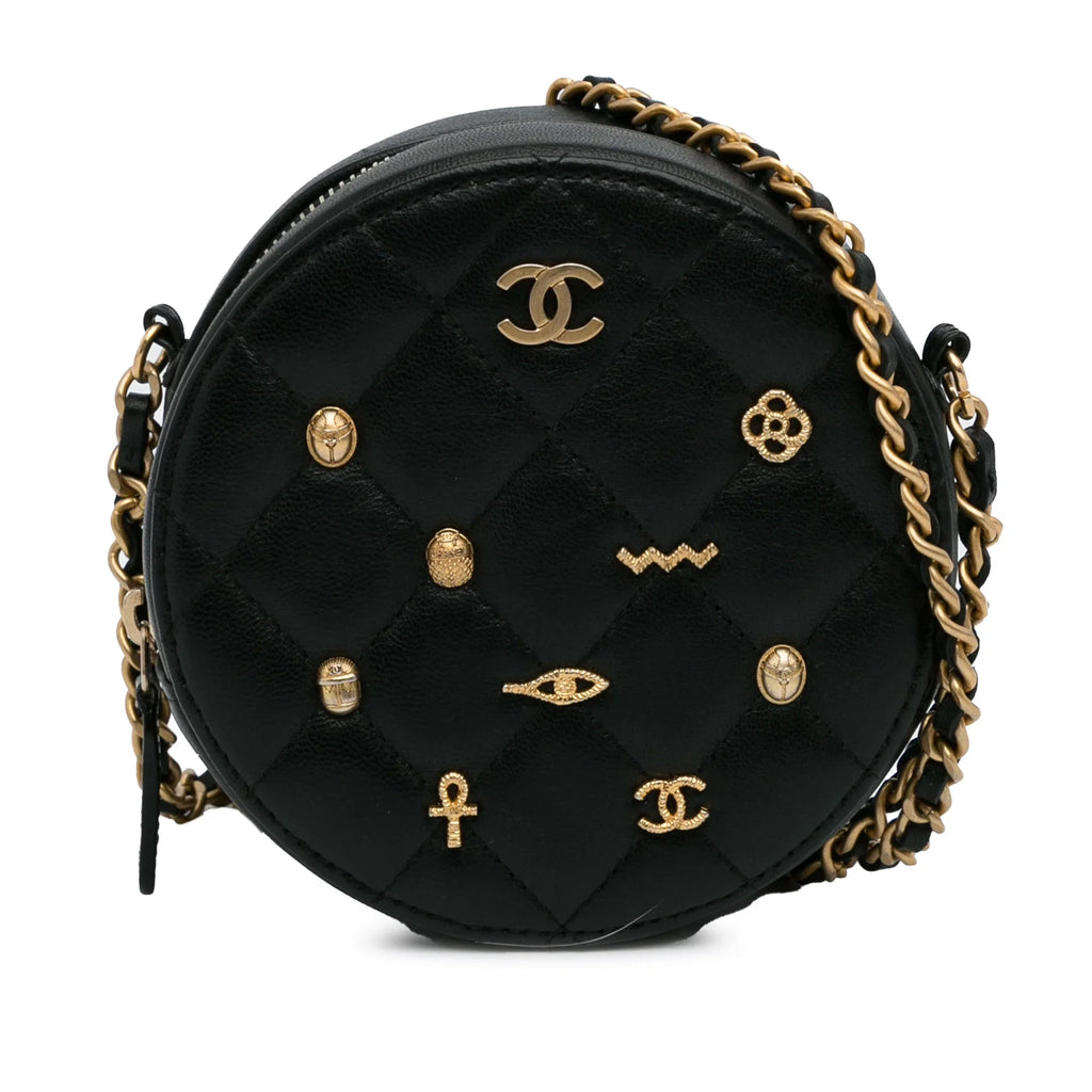 Pre-Owned Authenticated Chanel Lucky Charms Round Crossbody Bag Lambskin Leather Black Unisex (Good)
