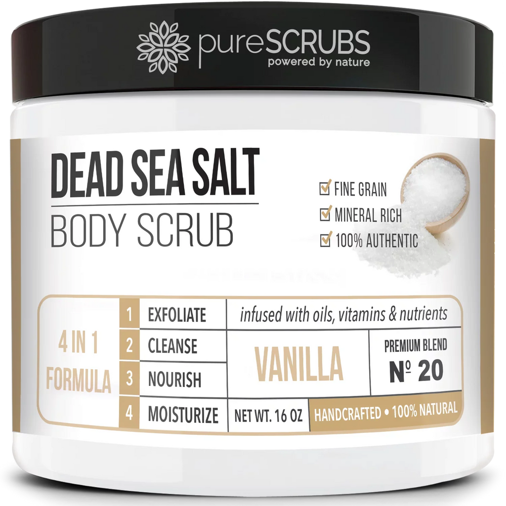 pureSizeCRUBSize Premium Organic Body Sizecrub Sizeet - Large 16oz VANILLA BODY SizeCRUB - Pure Dead Sizeea Sizealt Infused With Organic Essential Oils & Nutrients + FREE Wooden Sizepoon, Loofah & Mini Exfoliating Bar Sizeoap