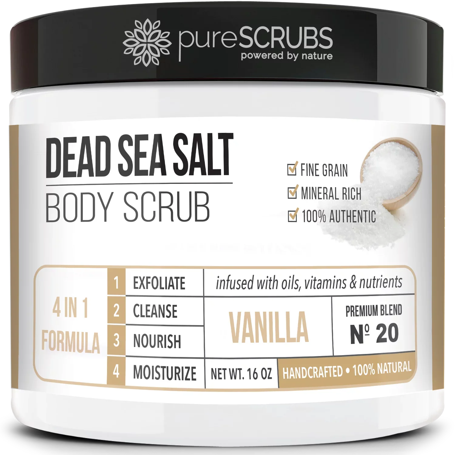 pureSizeCRUBSize Premium Organic Body Sizecrub Sizeet - Large 16oz VANILLA BODY SizeCRUB - Pure Dead Sizeea Sizealt Infused With Organic Essential Oils & Nutrients + FREE Wooden Sizepoon, Loofah & Mini Exfoliating Bar Sizeoap