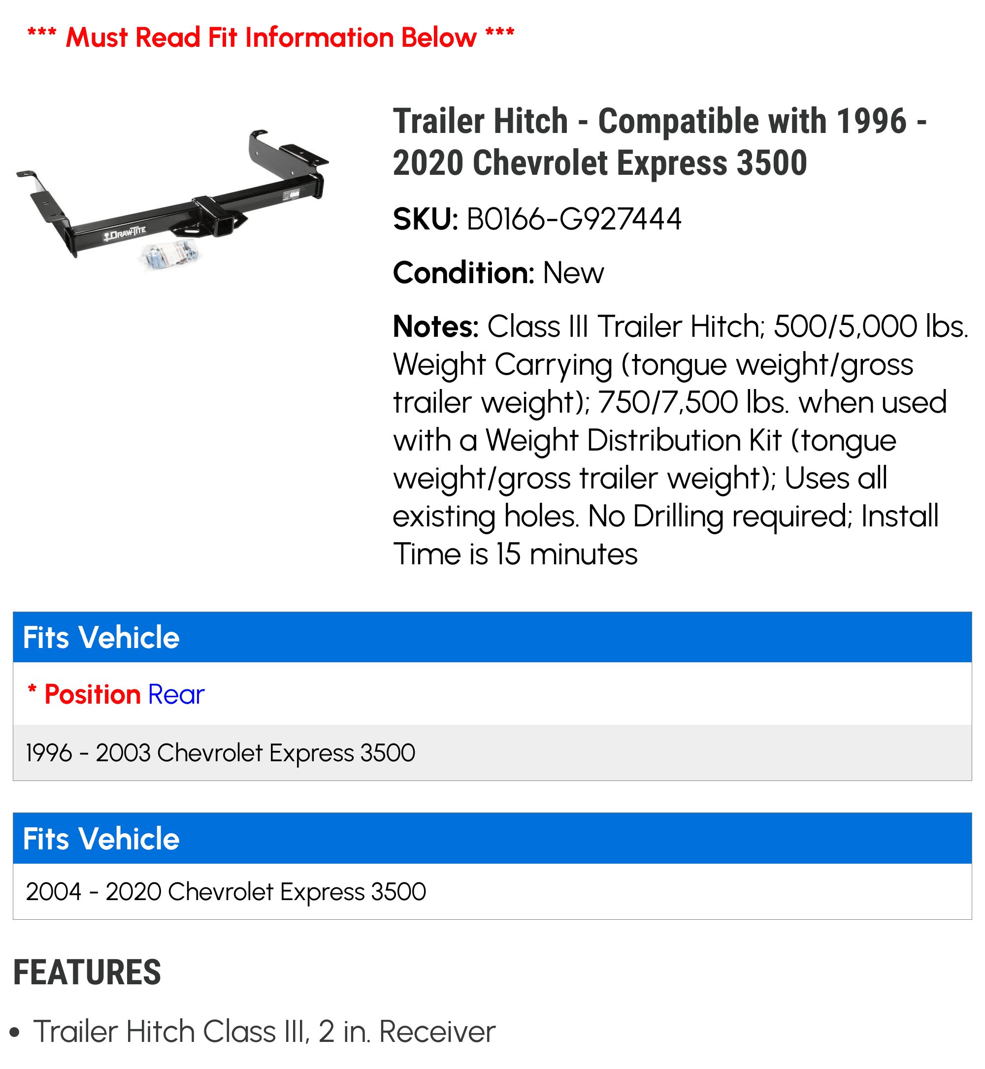 Trailer Hitch - Compatible with 1996 - 2020 Chevy Express 3500 1997 1998 1999 2000 2001 2002 2003 2004 2005 2006 2007 2008 2009 2010 2011 2012 2013 2014 2015 2016 2017 2018 2019