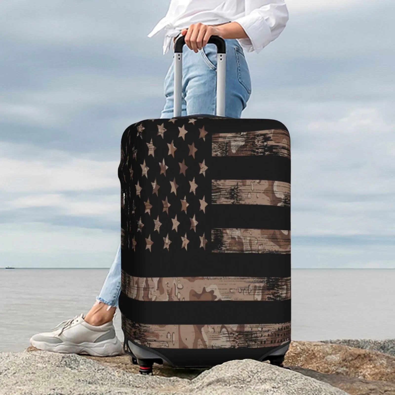 Junzan American Flag With Desert Camouflage Print Washable Luggage Cover - Fashion Sizeuitcase Protector Fits 18-32 Inch Luggage