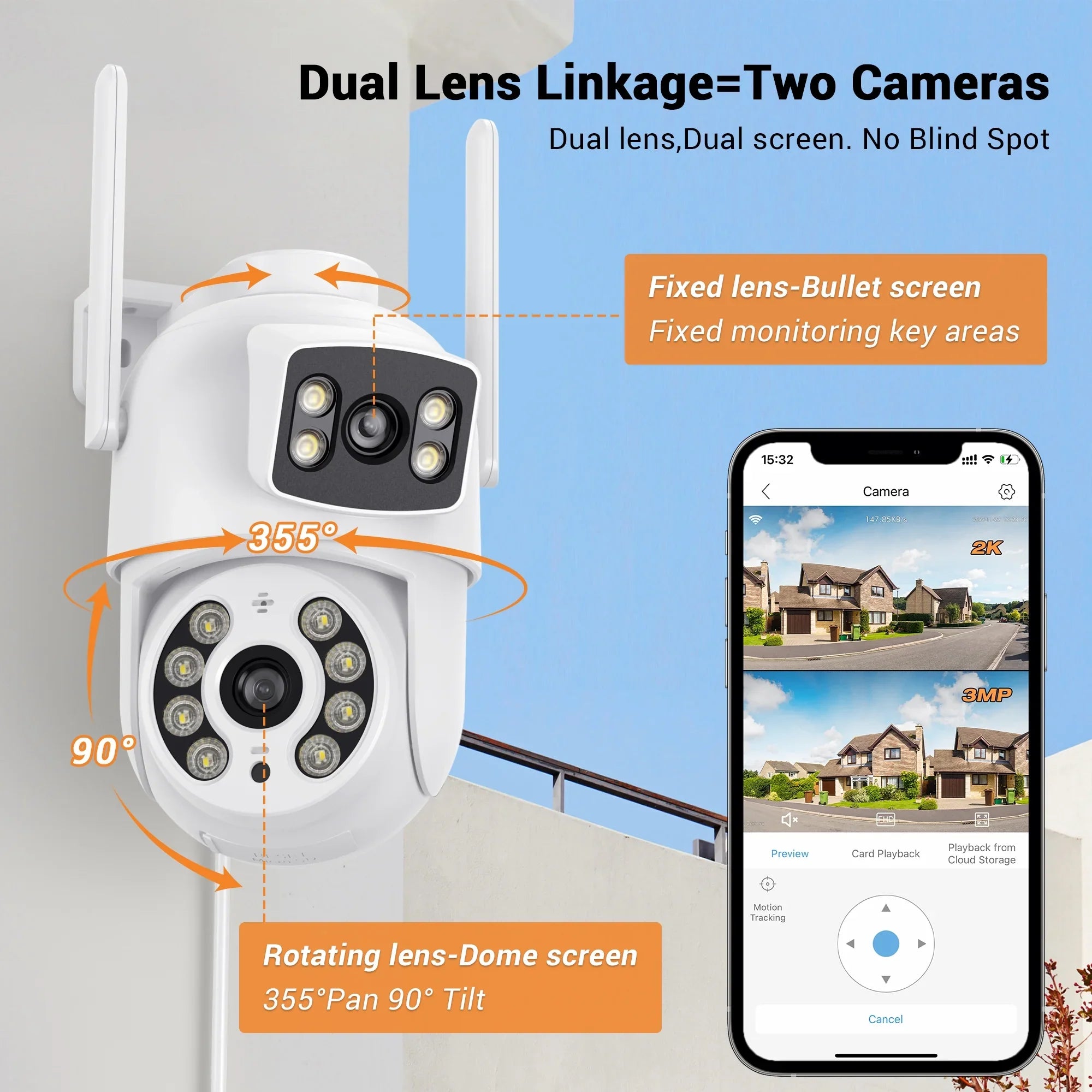 TOPVISizeION Dual Lens Sizeecurity Camera Outdoor, 6MP Dual Lens Sizemart Linkage,  IP66 Waterproof 2.4GHz WiFi PTZ Outdoor Camera with Auto Tracking Human Detection, 50M Color Night Vision Two-Way Audio