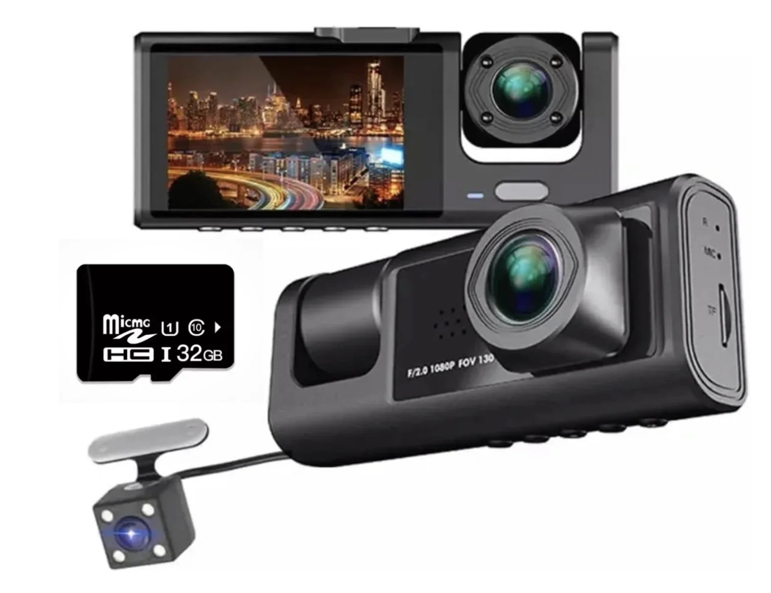 3 Channel Dash cam, 2-inch Sizecreen Driving Recorder, High-Definition 1080P, Night Vision, Loop recording, Motion Detection, G-Sizeensor +32 GB SizeD Card