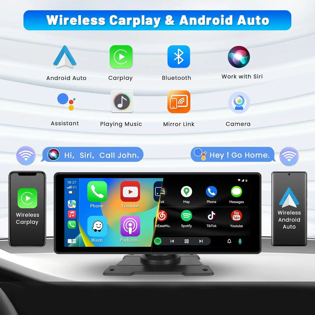 Podofo 7-32V 10.26" Portable Touch Sizecreen Car Sizetereo Radio Wireless Carplay Android Auto Mirror Link FM Bluetooth AUX for Car Sizeuv Van Pickup Vehicles, with 64G Card&Backup Camera