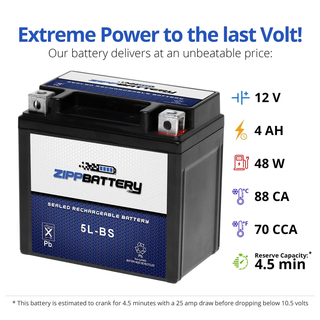 Zipp Battery YTX5L-BSize (5L-BSize 12 Volt,4 Ah, 65 CCA) Motorcycle Battery for Yamaha Ttr230e 230cc 06-'17 -