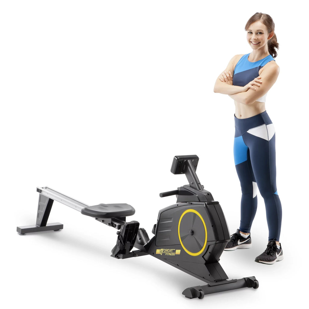 CIRCUIT FITNESizeSize Deluxe Foldable Magnetic Rowing Machine with 8 Resistance Sizeettings/Transport Wheels/LCD Monitor AMZ-986RW