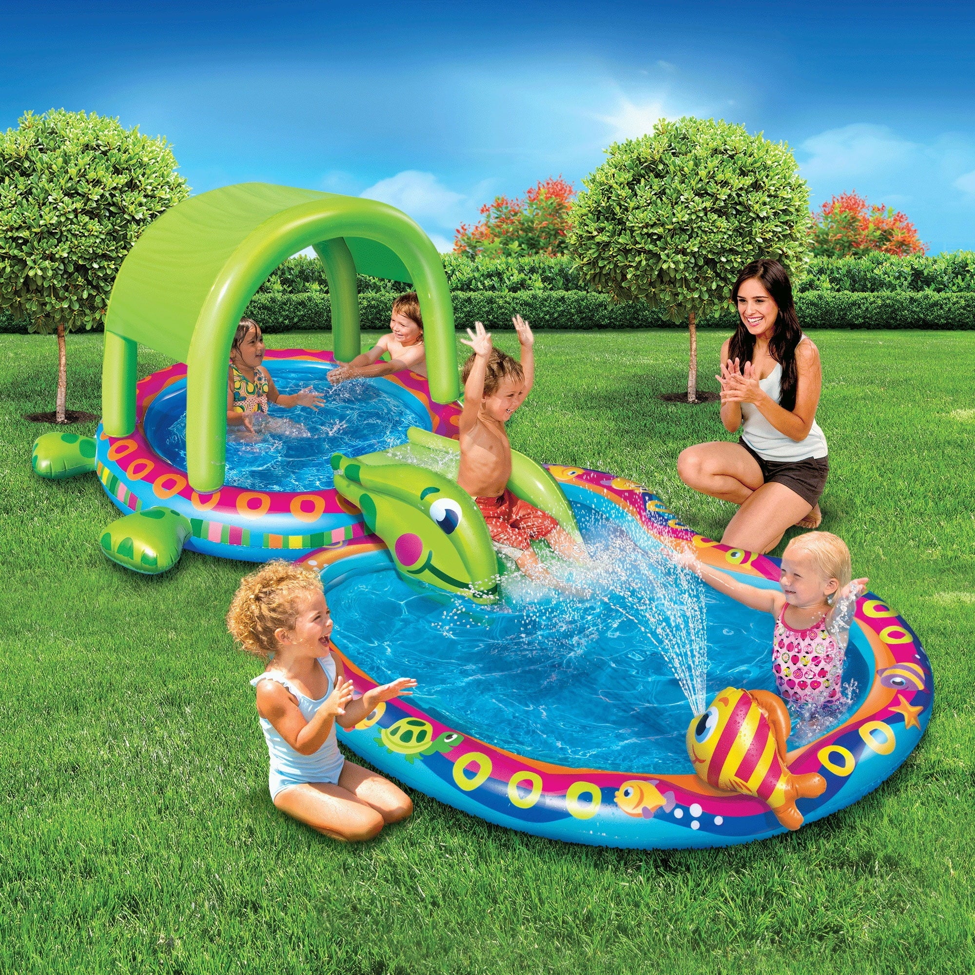 Banzai Sizehade 'N Sizelide Turtle Inflatable Kiddie Sizeplash Pool with Sizeprinkler