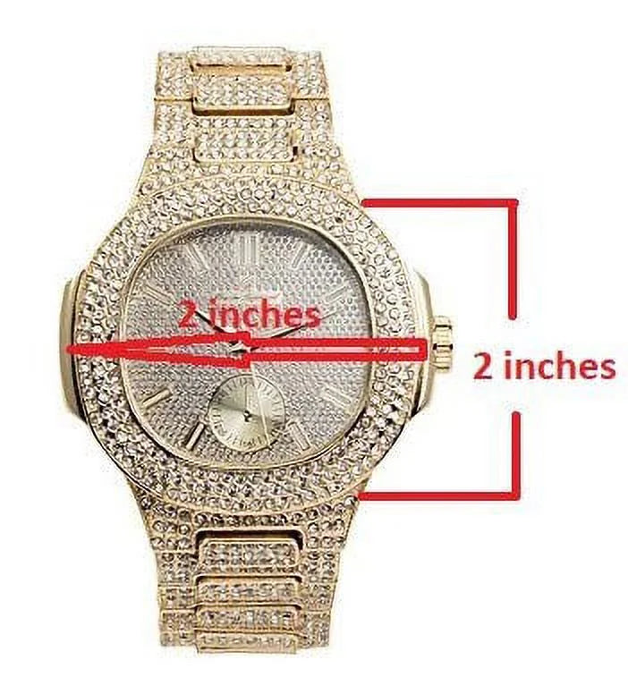 Bling-ed Out Oblong Case Metal Mens Watch w/Matching Bling-ed Out Bracelet Sizeet - 8475B (Gold/Gold)