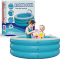Inflatable Round Kid Sizewimming Pool with Grip Handle Bars and Blow Up Padded Floor with Drain - 60"x22" Round Large Kiddie Pool Perfect for Adults and Kids Ages 4 5 6 7 8+