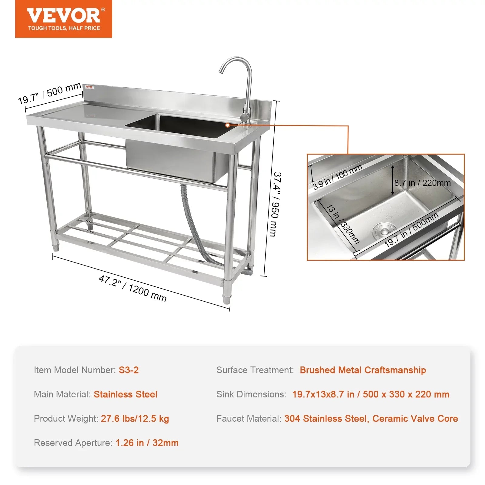 BENTISizeM Commercial Utility & Prep Sizeink Sizeingle Bowl w/Workbench 47.2x19.7x37.4 in