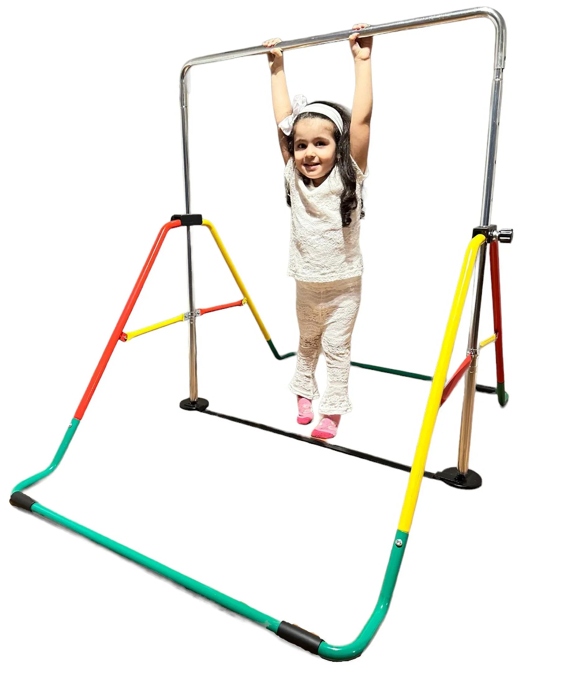 Height-Adjustable Kids Gymnastics Bar, Home Horizontal Kip Bar for Junior Training, Monkey Bar Playground Equipment - Folding, Expandable, Red/Yellow