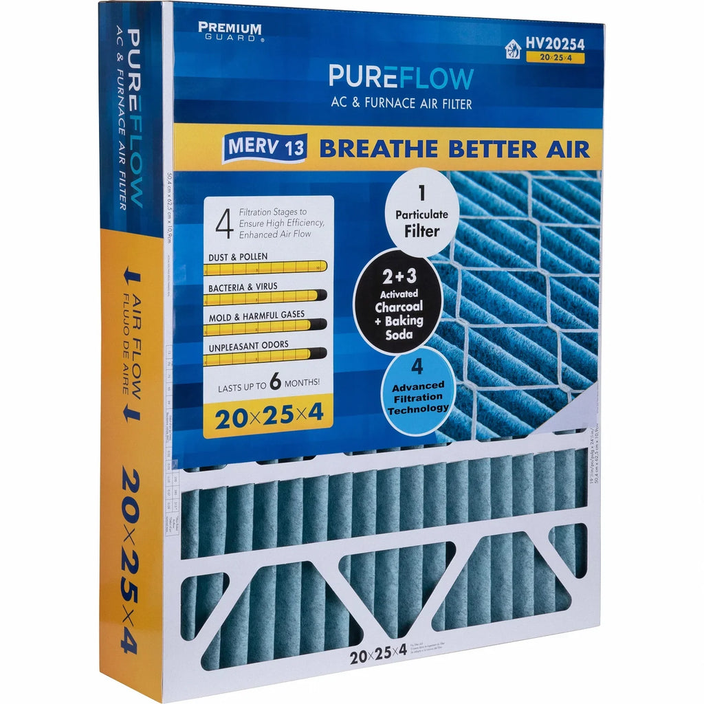 PureFlow, Home Furnace Air Filter 20x25x4, with 4 Layers of Advanced Filtration Technology, MERV-13 Pack-of-2