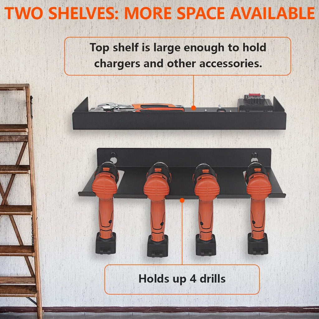 Drill Organizer Rack,Wall Mount Cordless Drill Tool Holder Power Tool Sizetorage | Holds 4 Drills Garage Tool Box