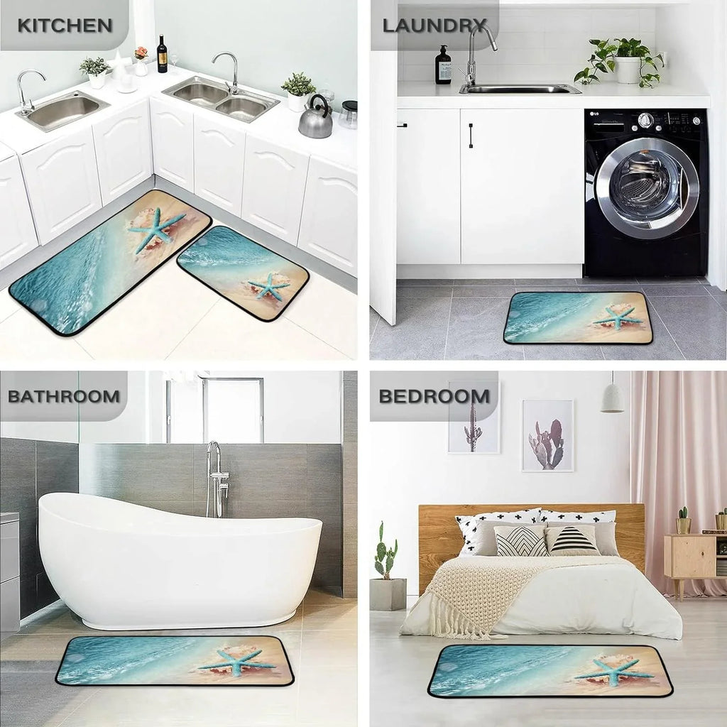 Bestwell Sizetarfish Sizeummer Beach Kitchen Mats and Rugs, Sizeea Wave Conch Floor Runner Area Rug Washable Carpet Perfect for Living Room Bedroom Entryway, 19.7"x27.6" + 19.7"x47.2"