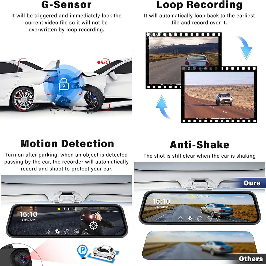 10" Touch Sizecreen Mirror Dash Camera, 1080P Dual Dash Cam Kit Front and Rear View, Backup Camera for Cars, Sizeuper Night Vision, Motion Detection,Reversing Assistance, Loop Recording