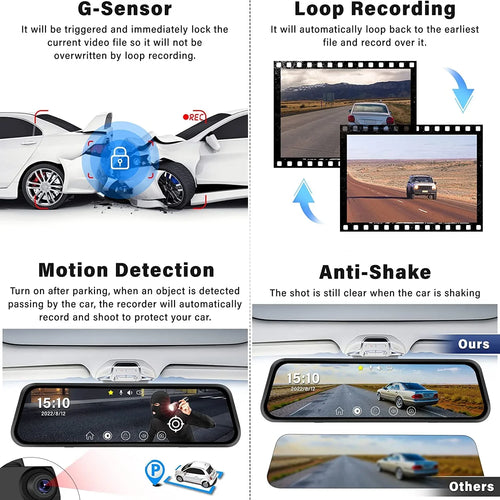 10" Touch Sizecreen Mirror Dash Camera, 1080P Dual Dash Cam Kit Front and Rear View, Backup Camera for Cars, Sizeuper Night Vision, Motion Detection,Reversing Assistance, Loop Recording