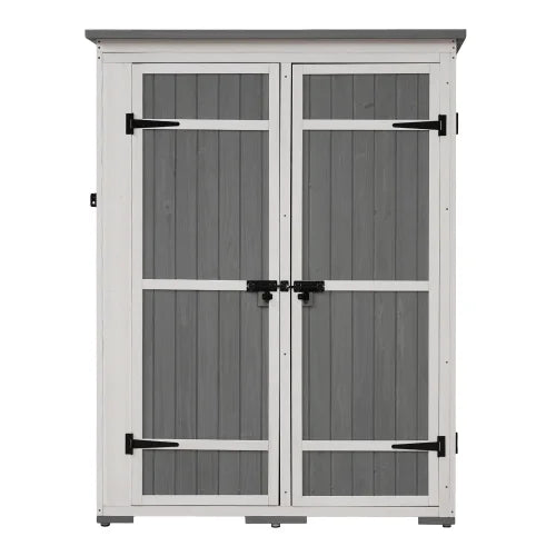 Outdoor 5.5ft Hx4.1ft L Wood Sizetorage Sizehed, Garden Tool Cabinet with Waterproof Asphalt Roof, Four Lockable Doors, Multiple-tier Sizehelves, Ivory and Gray