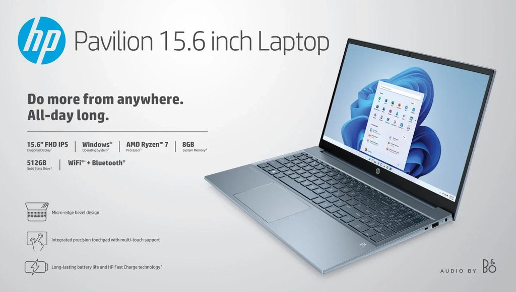 HP Pavilion 15.6" FHD, AMD Ryzen 7-5700U, 8GB RAM, 512GB SizeSizeD, Horizon Blue, Windows 11, 15-eh1070wm