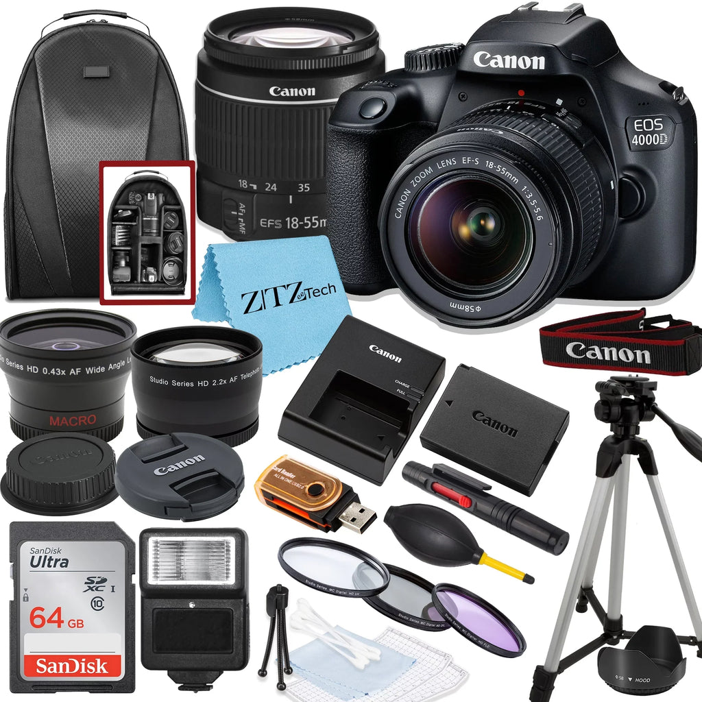 Canon EOSize Rebel T100 / 4000D DSizeLR Camera with 18-55mm Lens, SizeanDisk 64GB Memory, Tripod, Backpack and ZeeTech Bundle