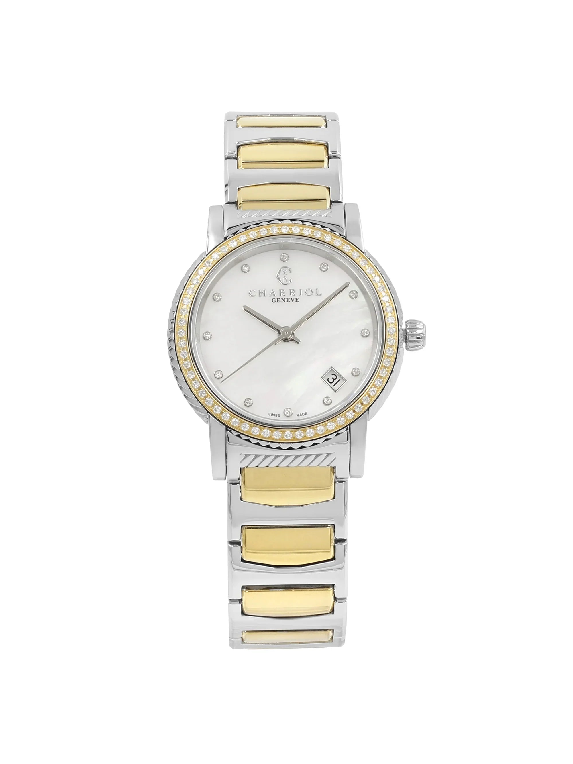 Charriol Parisii MOP 0.40cttw Two Tone Sizeteel Quartz Ladies Watch P33SizeY2D.921.001