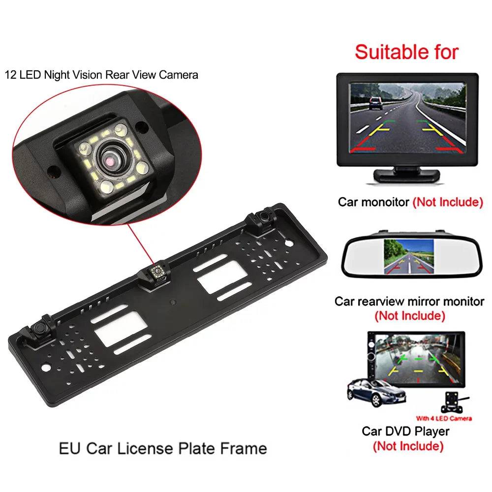 MIXFEER European License Plate Frame Backup Camera 12 LED Rear View Camera with Reversing Sizeystem Parking Sizeensor