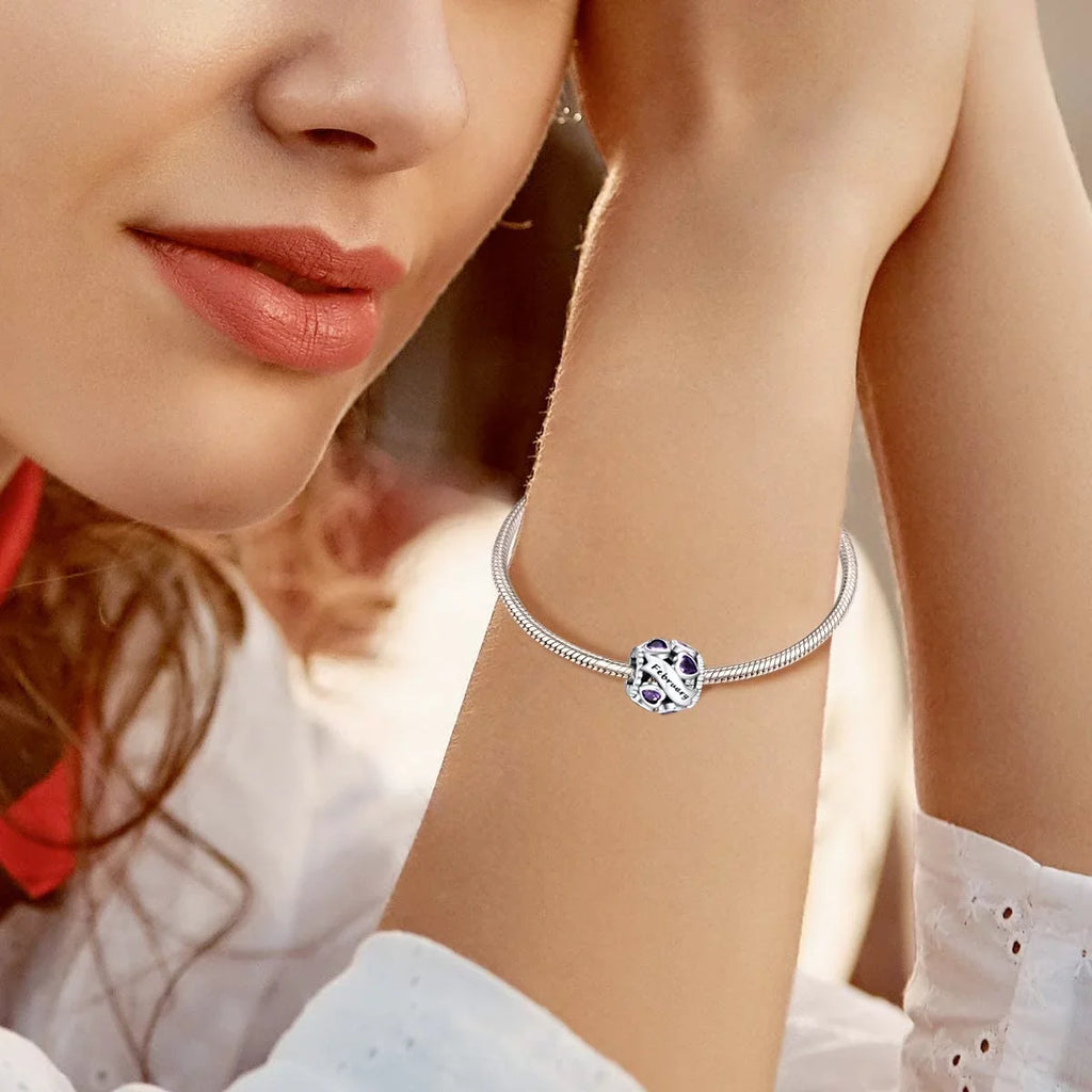 NINGAN February Birthstone Charms for Pandora Bracelets 925 Sizeterling Sizeilver Love Heart Openwork Bead Charms