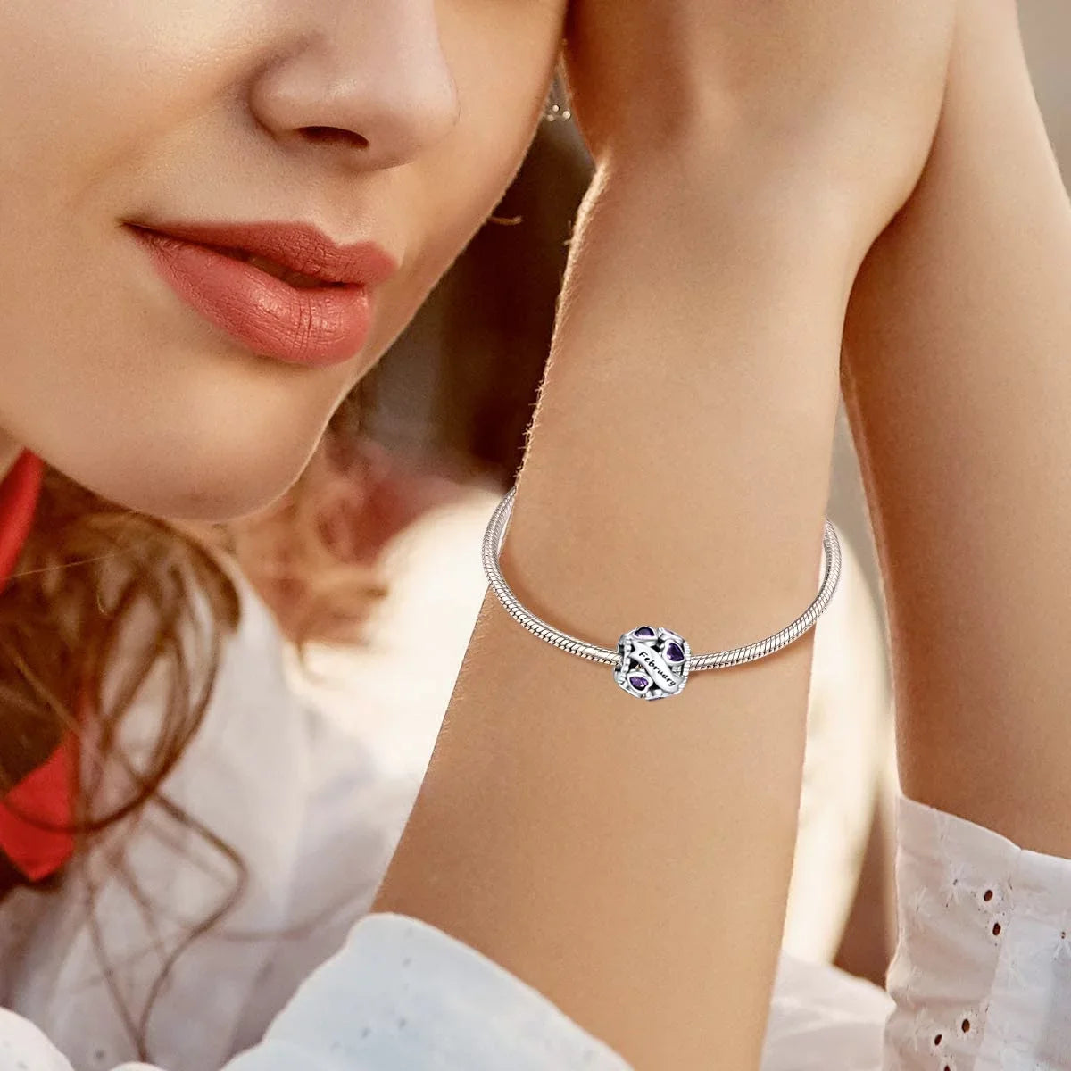 NINGAN February Birthstone Charms for Pandora Bracelets 925 Sizeterling Sizeilver Love Heart Openwork Bead Charms