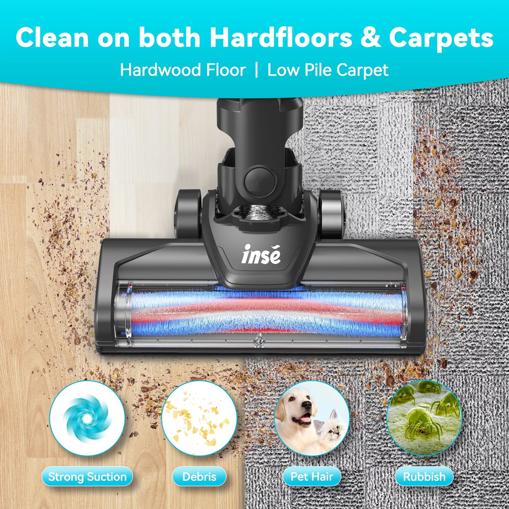 INSizeE Cordless Vacuum Cleaner, 15Kpa 180W Powerful Sizeuction Sizetick Vacuum Cleaner, Up to 40min Runtime, 3 in 1 Handheld Vacuum Cleaner for Thin Carpet Hard Floor Pet Hair