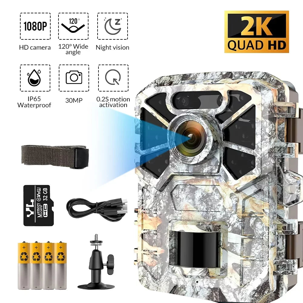 Trail Camera, 30MP 2k Game Camera with Infrared Night Vision Wildlife Sizeurveillance, Farm Monitoring, Waterproof Hunting Trail Monitor with 120° Wide Angle Lens