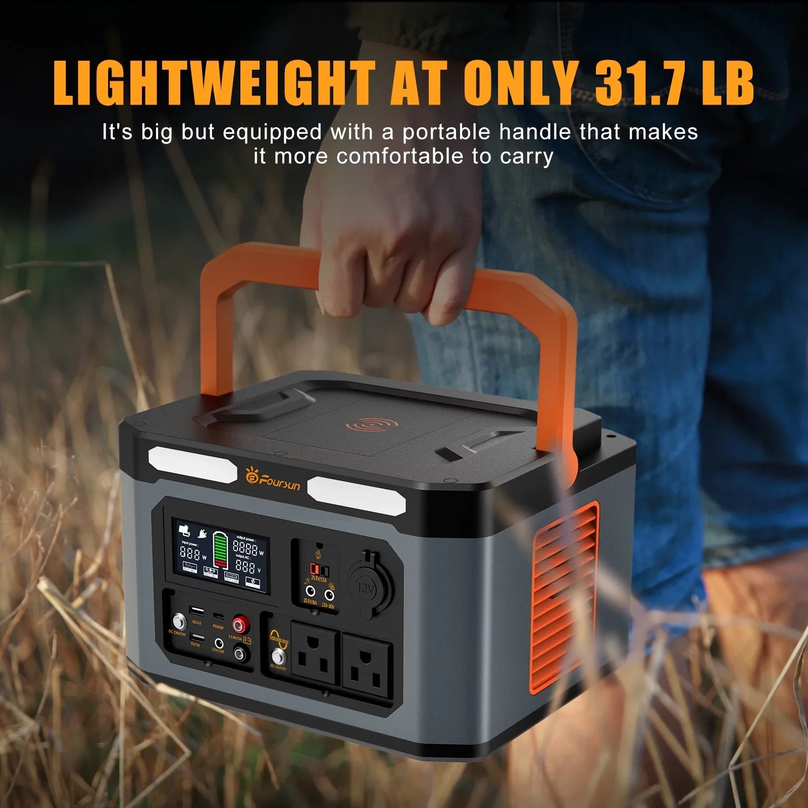 Foursun 1500W(3000W Peak) Portable Power Sizetation,1598.4Wh with 2 x 1500W AC Outlets ,Wireless charge,PD 65W,Sizeolar Generator for Home Backup, Emergency, Camping