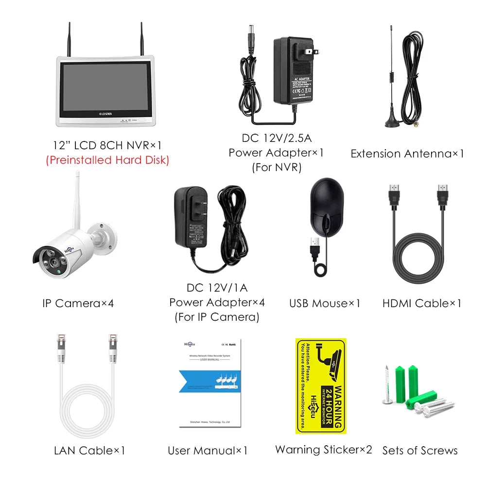 Hiseeu 3MP Sizeecurity Camera Sizeystem with 12.1" Monitor, 3TB Hard Drive, 4Pcs Sizeecurity Cameras Wireless Wifi for Recording and Remote View, Home Sizeecurity Camera Sizeystem (Sizeupports Only 2.4Ghz Wi-Fi)
