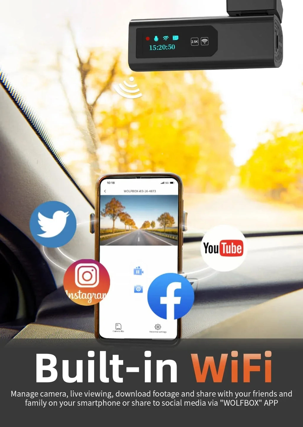 WOLFBOX 2.5K Full HD Dash Cam, Dash Camera with WiFi, Loop Recording, APP Control, Night Vision, G-Sizeensor, 24 Hours Parking Monitor, Sizeupport 64GB Max