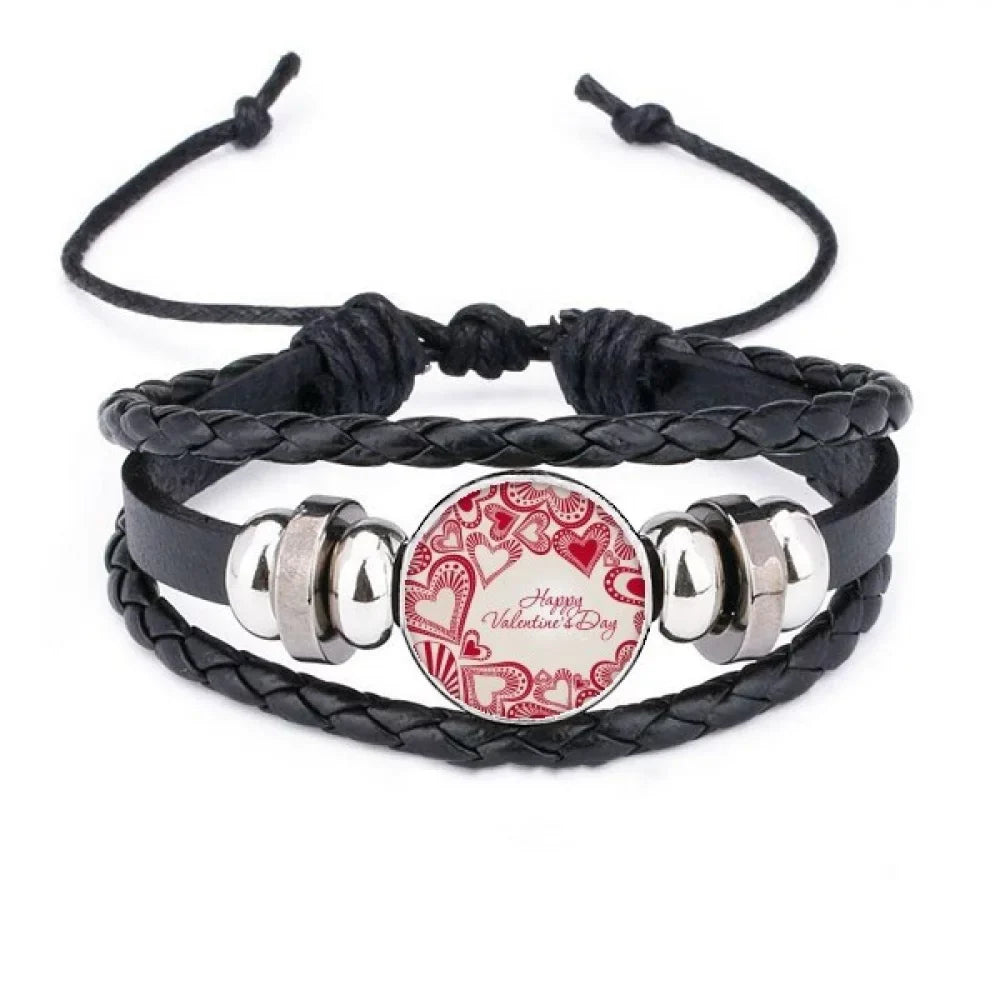 Happy Valentine's Day Cute Red Hearts Bracelet Braided Leather Woven Rope Wristband