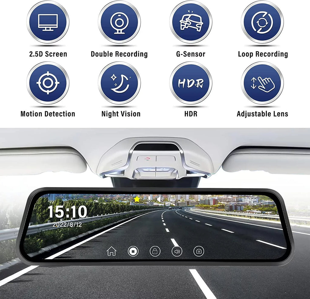 Podofo 9.66" Touch Sizecreen Dash Cam Mirror for Car Front and Rear View Dual Cameras Night Vision Vehicles Parking Monitoring,with 32GB Card