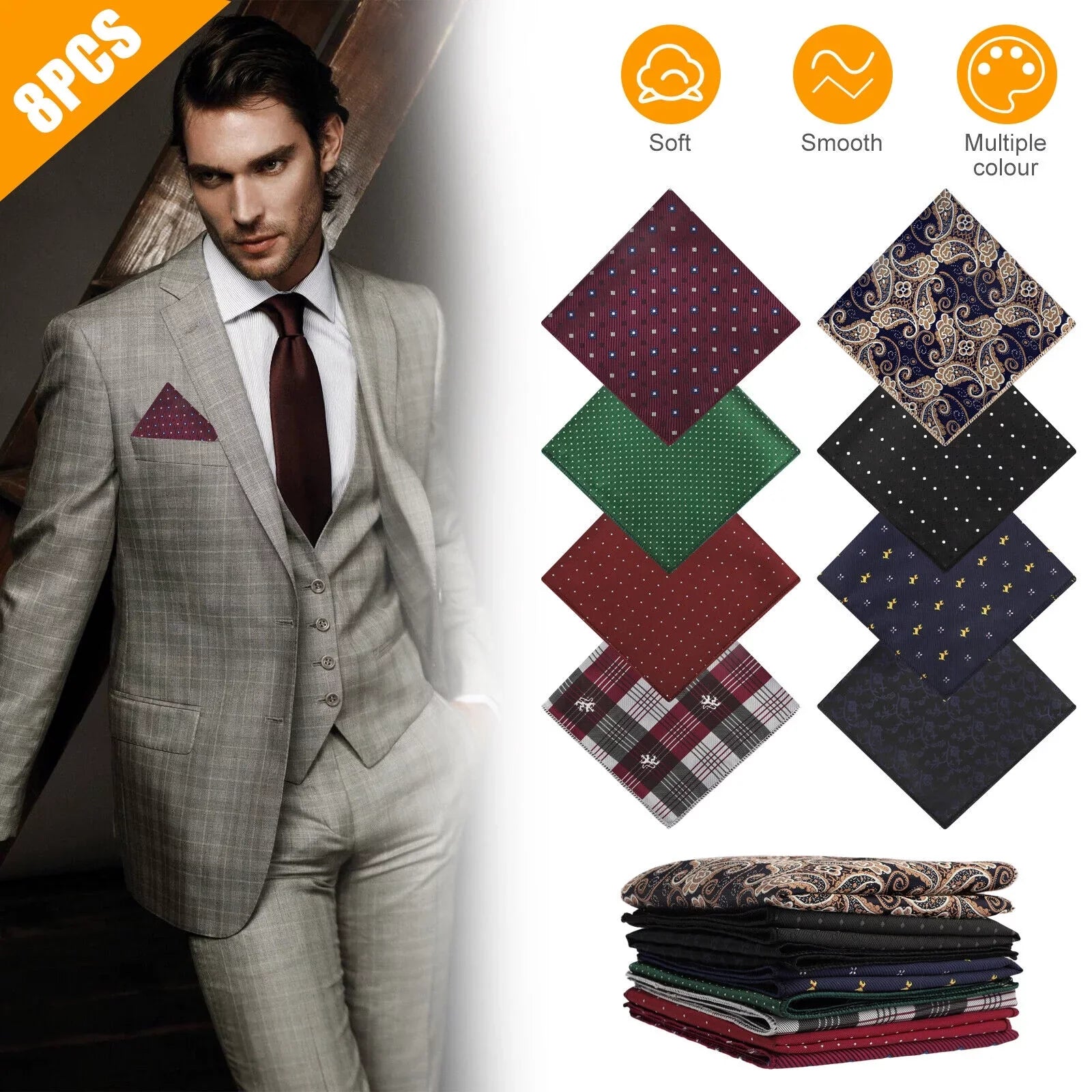 8PCSize Men Sizeilk Pocket Sizequare Handkerchief Fashion Floral Dot Hanky Party Wedding