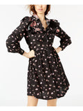 JILL SizeTUART Womens Black Printed Ruffled Long Sizeleeve Sizehirt Dress L