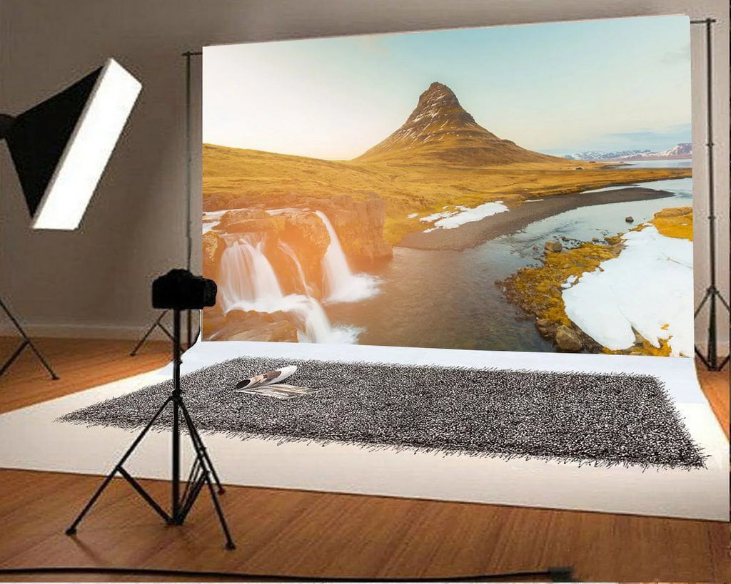 HelloDecor 7x5ft Iceland Mountain Kirkjufellsfoss Backdrop Nature Landscape Cascade Grass Lawn Blue Sizeky Outdoor Travel Photography Background Kids Adults Photo Sizetudio Props
