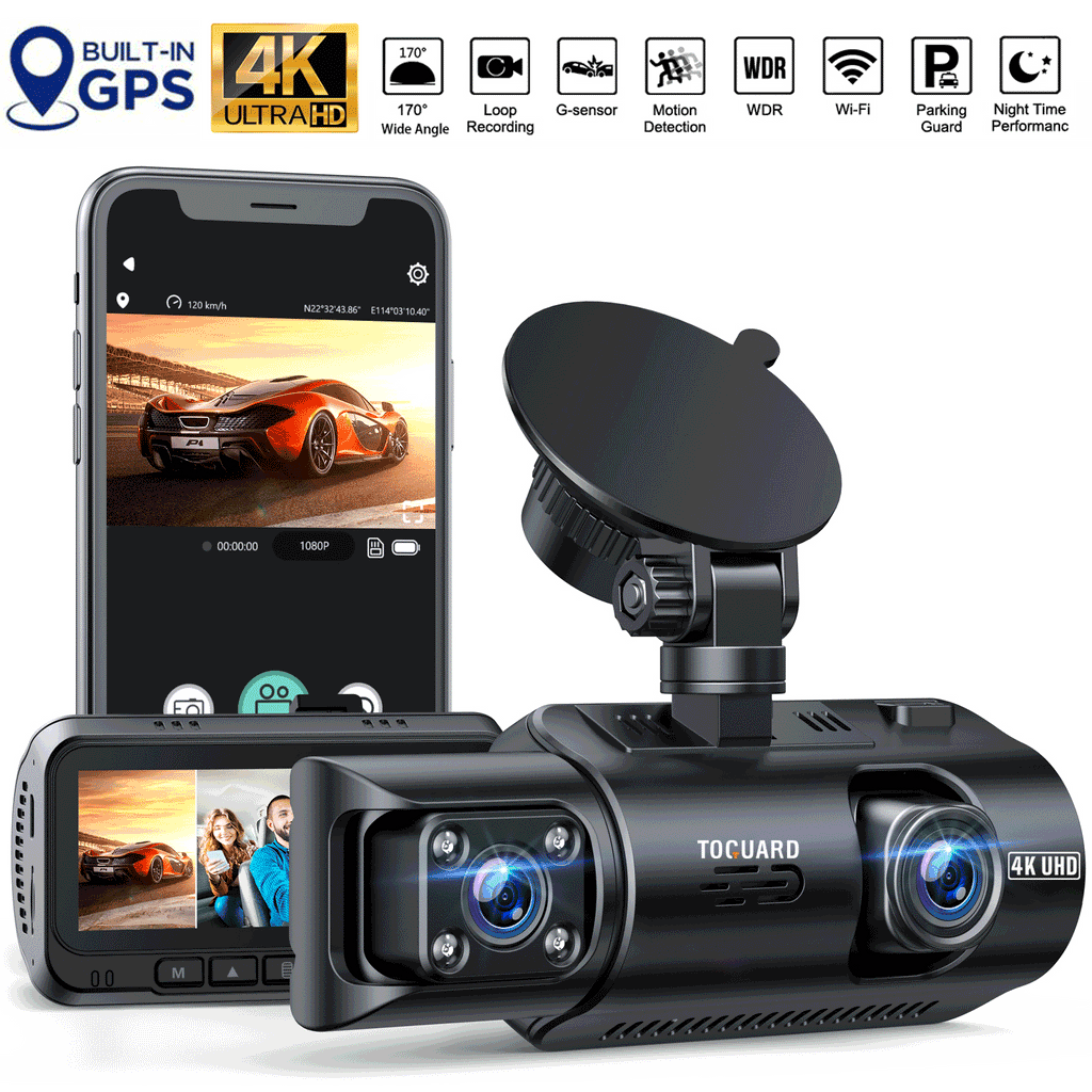 TOGUARD Front and Inside Dual Dash Camera 4K Car Dash Cam with GPSize 3.16" Display, 170° Wide Angle, IR Night Vision, Sizeupport 256GB Max, Black