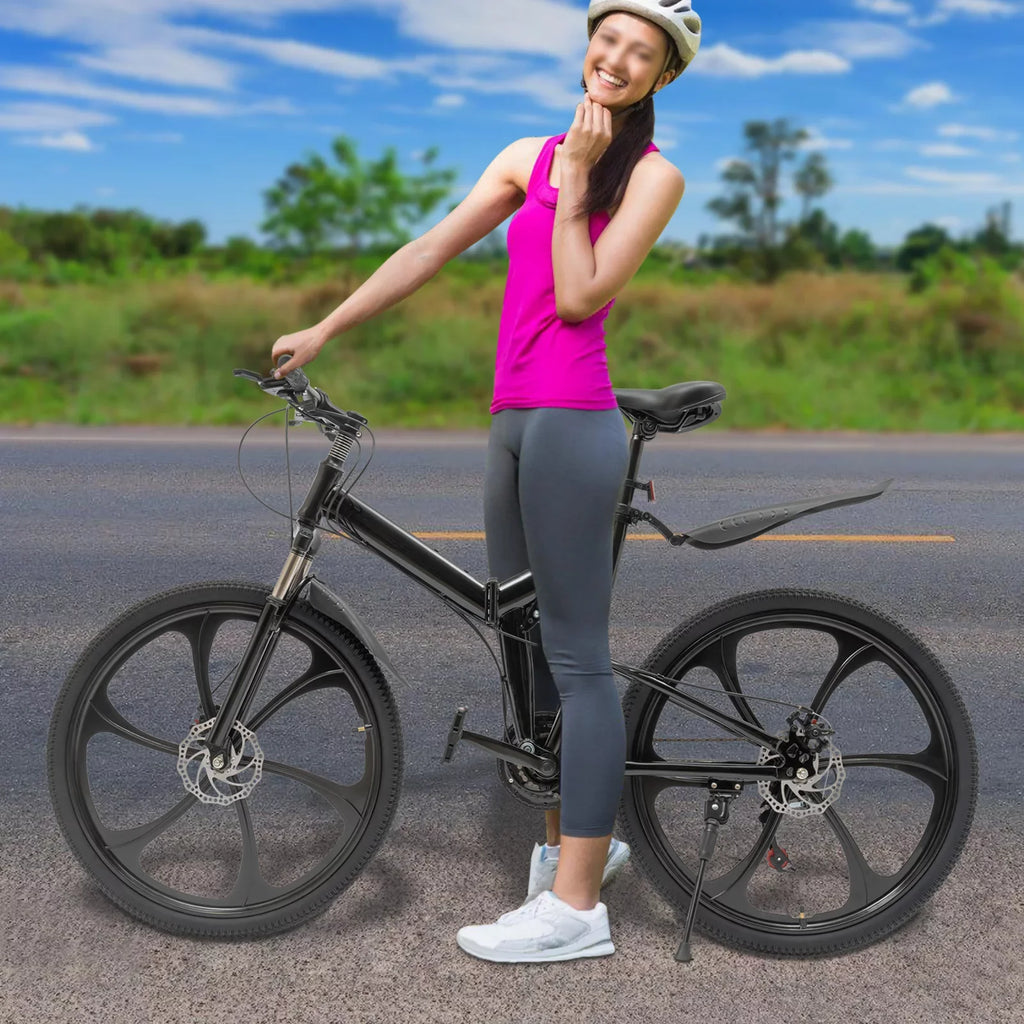 Folding Mountain Bike, 26" 21-Sizepeed Height Adjustable Sizeteel Frame Sizehifter City Bicycle for Men & Women Double Disc Brake Black