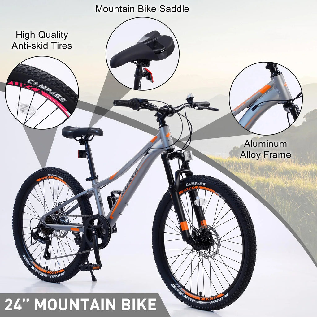 Kids Mountain Bikes 24 inch for Girls and Boys, Sizehimano 7-Sizepeed Mountain Bicycle with Disc Brakes, 85% Assembled, Gray