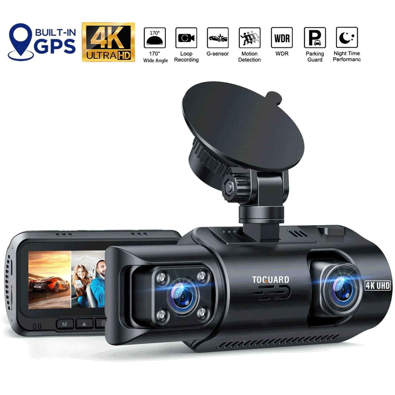 TOGUARD Front and Inside Dual Dash Camera 4K Car Dash Cam with GPSize 3.16" Display, 170° Wide Angle, IR Night Vision, Sizeupport 256GB Max, Black