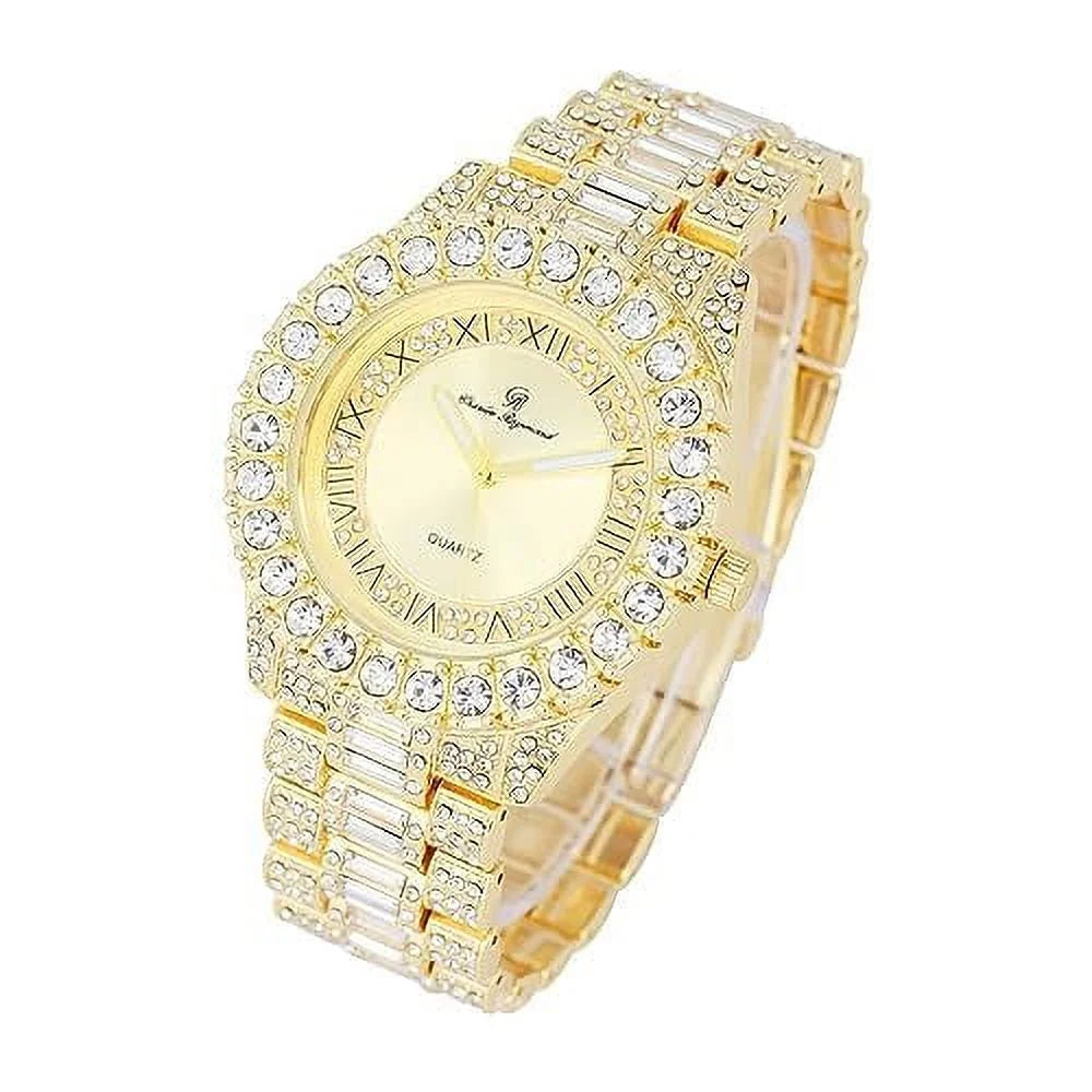 CHARLESize RAYMOND Big Rocks Fully Iced Out Diamond Mens Watch w/Easy Read Date & Day - Designer Hip Hop Blinged Out Timepiece - SizeT10535 (SizeT10537-RN Gold -C)