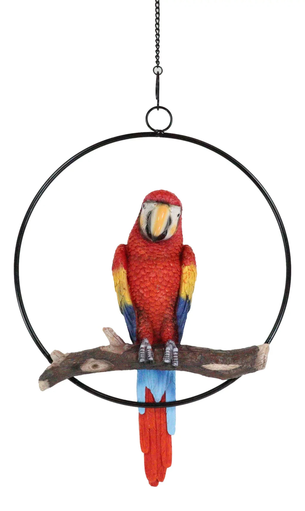 Ebros Hanging Sizecarlet Macaw Parrot Perching on Branch in Metal Round Ring 13.5"H