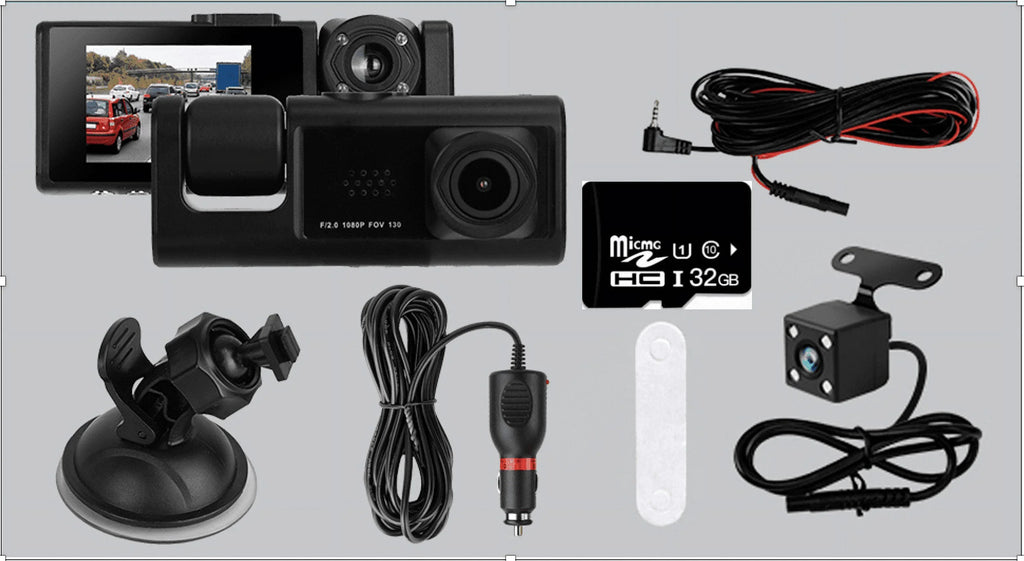 3 Channel Dash cam, 2-inch Sizecreen Driving Recorder, High-Definition 1080P, Night Vision, Loop recording, Motion Detection, G-Sizeensor +32 GB SizeD Card