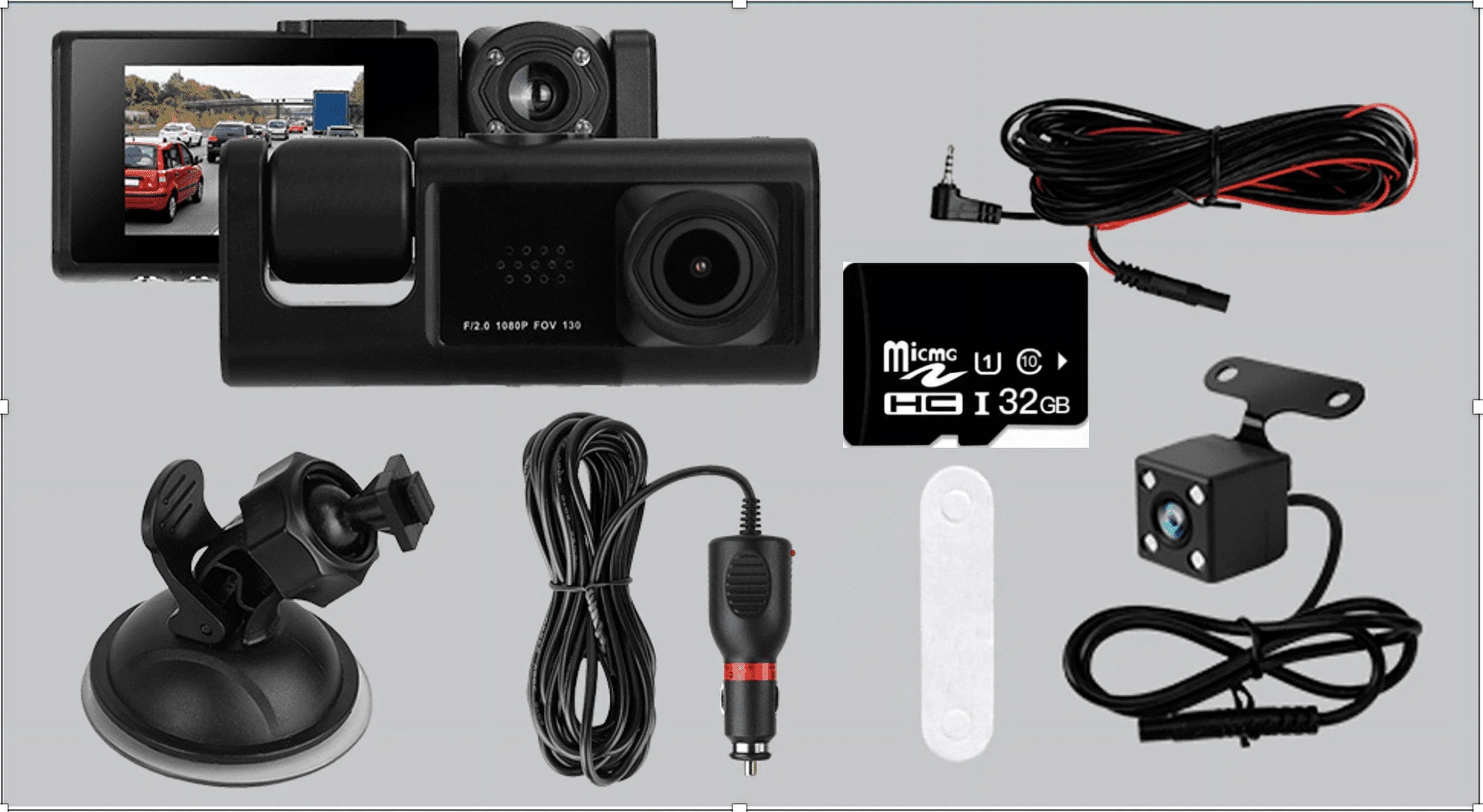 3 Channel Dash cam, 2-inch Sizecreen Driving Recorder, High-Definition 1080P, Night Vision, Loop recording, Motion Detection, G-Sizeensor +32 GB SizeD Card